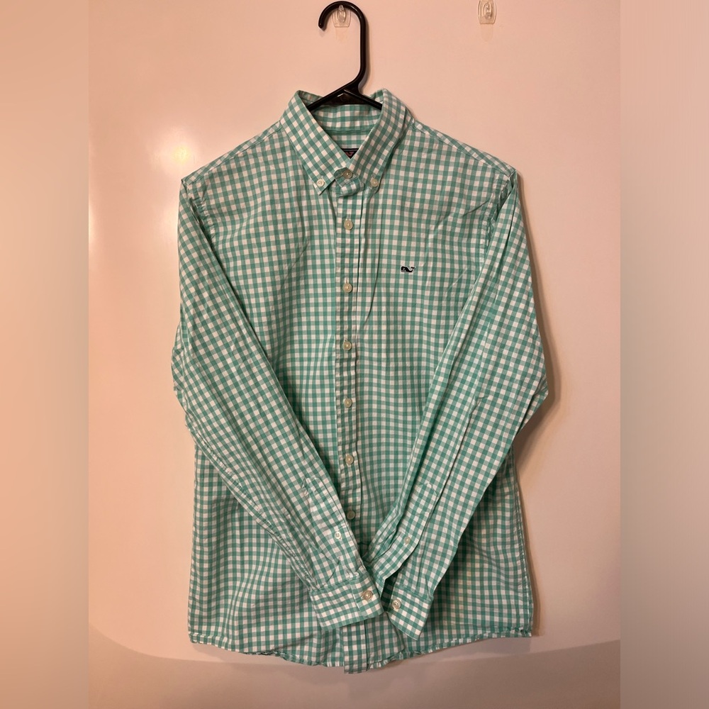 Vineyard Vines Kids Green and White Checkered Button Down